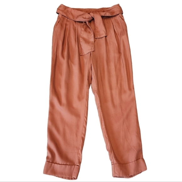 Cartonnier Anthropologie pink rose high waist tie front tapered flowy pants 10 - Picture 10 of 15